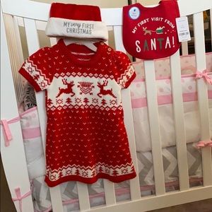 Baby girl Christmas dress, Christmas hat, bib